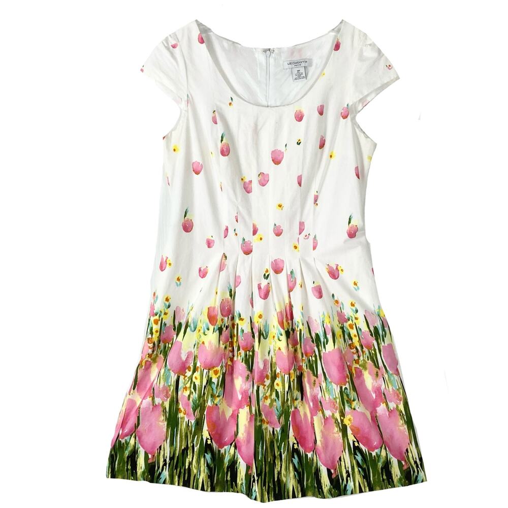 Nwot LIZ CLAIBORNE Dress 10P White-Multi Tulip-Floral Lined Cotton Pleated